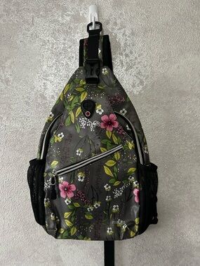 Gray Floral Sling Backpack with Pink & Green Accents